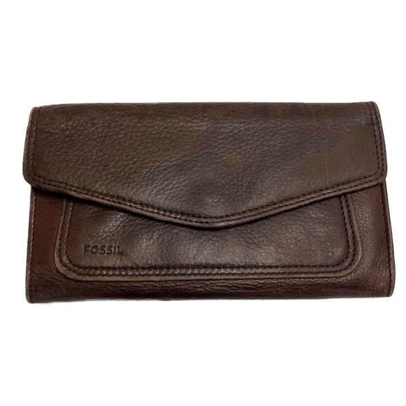 Fossil Handbags - Fossil Deep Brown Pebbled Leather Tri-fold Wallet Card Slots & Zip Pockets